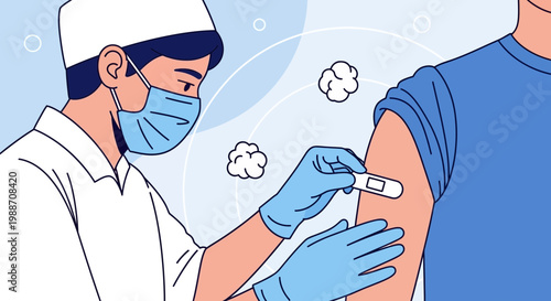 Nurse Applying Bandage to Patient's Arm After Vaccination, Healthcare Concept