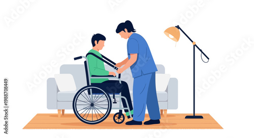 Nurse Assisting Elderly Man in Wheelchair at Home, Caregiver Support, Senior Health