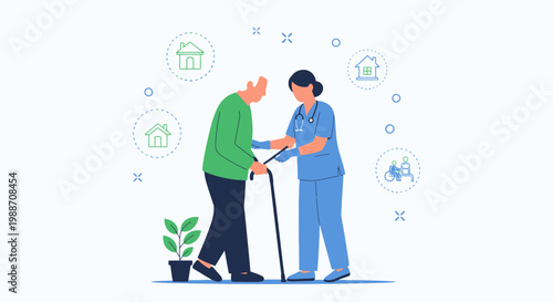 Nurse assisting elderly man with cane, home care, healthcare concept