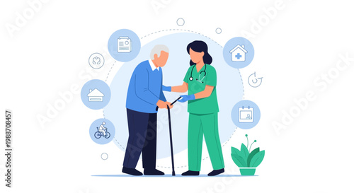 Nurse assisting elderly man with cane, home care, medical support, senior health, and well-being