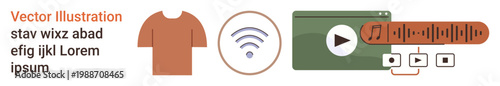 Digital communication, streaming services, e-commerce, online music, app design, wireless technology. Minimalist icons of wireless, music player and t-shirt. Digital communication and streaming