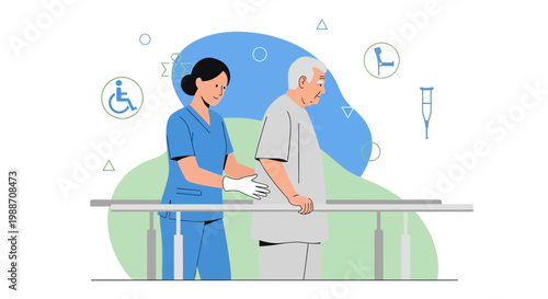 Nurse assisting elderly man with physical therapy on parallel bars for rehabilitation