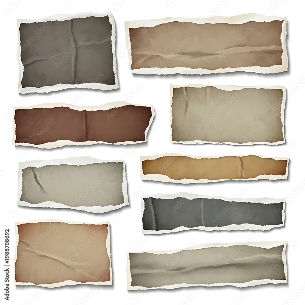 Naklejka premium Assorted torn paper scraps with rough edges, varying textures and hues