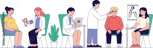 Medical vector illustration showing prenatal care, doctor consultation, and eye examination in modern healthcare environment
