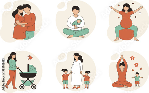 Pregnancy journey and parenthood lifestyle illustration showing family bonding, prenatal yoga, childcare, and wellness activities together