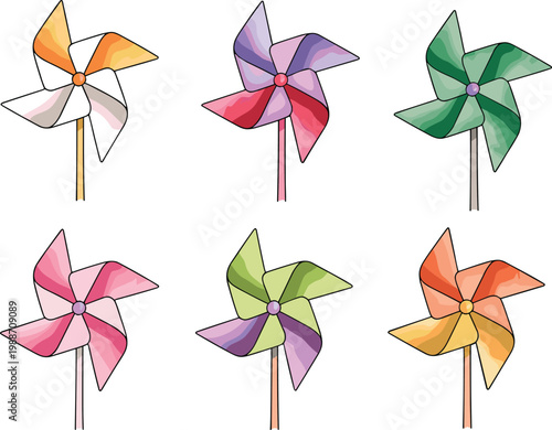 Playful decorative illustration of six colorful pinwheels with vibrant symmetrical blades arranged in two rows
