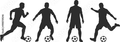 Soccer player silhouettes set, football athletes dribbling and kicking ball in action poses, black vector collection for sports, training, competition and game design use