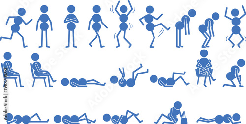 Stick figure activity silhouettes set, people in various poses including sitting, falling, jumping and daily actions, black vector collection for animation and icon design use