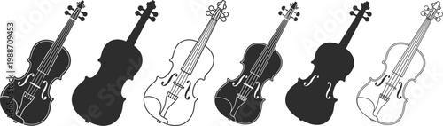 Violin silhouettes collection, classical string instrument icons in various styles, black vector set for music, orchestra, performance and artistic design use