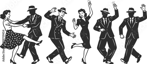 Tableau sur toile Vintage dance silhouettes collection, couples and individuals dancing in retro s