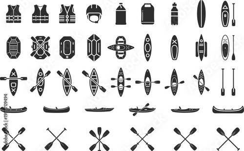 Water sports icons set, kayaking, canoeing, paddleboarding and safety gear silhouettes, black vector collection for outdoor adventure, recreation, travel and fitness design use