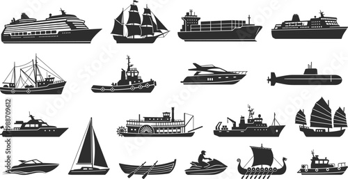Boat and ship silhouettes collection, various marine vessels including yacht, cargo ship, submarine and sailboat, black vector set for transport, travel and nautical design use