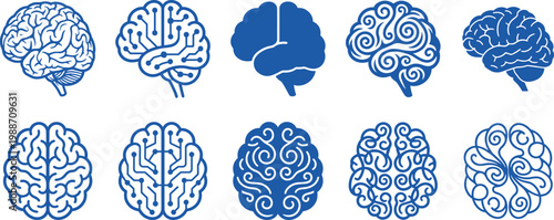 Brain icons collection, human mind illustrations in various styles including line, abstract and decorative designs, black vector set for neuroscience, psychology and medical design use