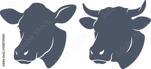 Cow head silhouettes collection, farm animal portraits with horns and without, black vector set for agriculture, livestock, dairy farming and rural design use