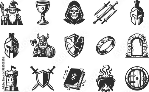 Fantasy RPG icons collection, wizard, swords, shields and magical items, black vector set for game design, medieval adventure, mythology and storytelling illustration use