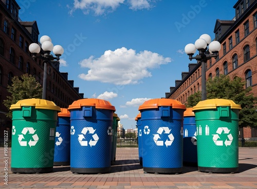 Colorful recycling bins aligned in modern urban plaza between historic brick buildings under blue sky, promoting waste sorting and sustainable city living