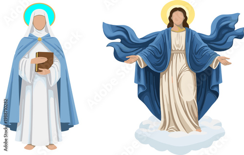 Christian Religious Figures with Halo Including Saint Holding Book and Jesus Christ with Open Arms Spiritual Faith Illustration Isolated Vector Collection