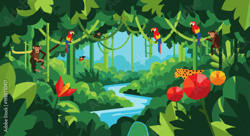 Vibrant tropical jungle illustration filled with exotic wildlife like parrots, monkeys, and a leopard near a winding river.