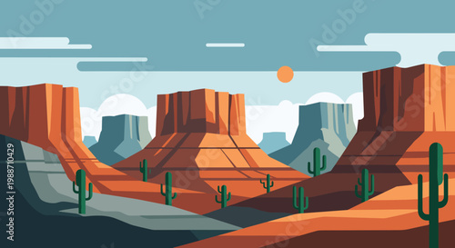 Majestic canyon landscape featuring tall orange rock formations, green cacti, and a small sun in a bright blue sky.