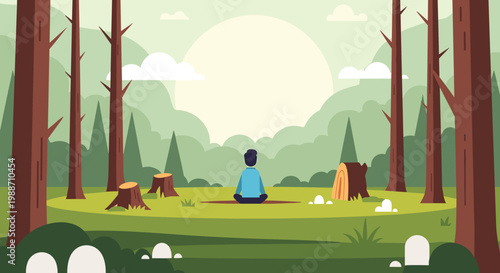 Peaceful scene of a person sitting in meditation in a forest clearing surrounded by tall trees and tree stumps.