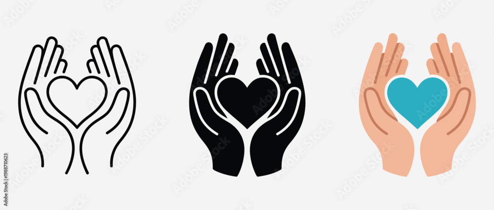 Fototapeta premium Hands holding heart icon set in different style, compassion and care symbol collection, love and support concept