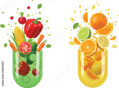 Vector illustration of fresh vegetable and fruit juices bursting with health and vibrant colors