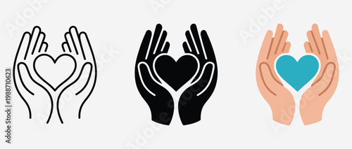 Hands holding heart icon set in different style, compassion and care symbol collection, love and support concept