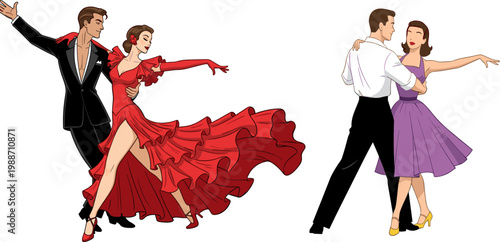 Ballroom Dance Couples Illustration Featuring Elegant Waltz and Latin Dancers in Formal Attire Performing Partner Dance for Wedding, Competition, and Romantic Event Designs