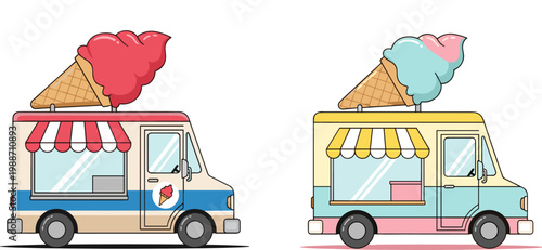 Colorful Ice Cream Food Truck Set with Soft Serve Cones Street Vendor Vans and Mobile Dessert Shop Illustration for Summer Food Business and Delivery Concepts