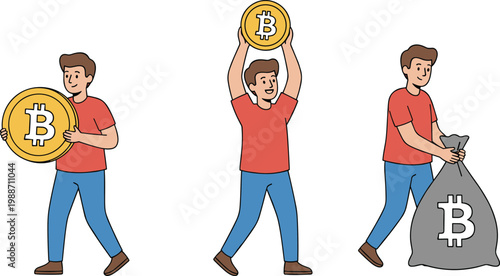 Vector illustration of person holding Bitcoin coin and sack representing cryptocurrency wealth accumulation