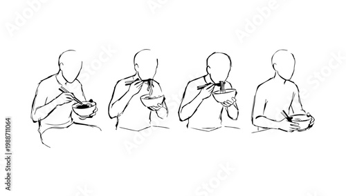 Eating and drinking activity sequence showing cup handling illustrated in clean figure line illustration style for daily lifestyle visuals behavior study and motion reference