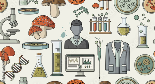 Science and Research Pattern: Mushrooms, DNA, Microscope, Lab Equipment, Scientist
