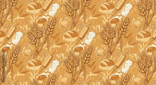 Seamless Pattern: Baking Ingredients, Bread, Wheat Ears, Rolling Pins, Flour on Ochre Background