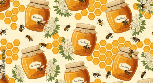 Seamless Pattern: Honey Jars, Bees, and Honeycombs with White Flowers