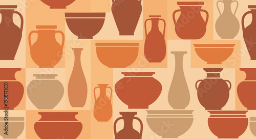 Seamless Pattern of Ancient Pottery and Vases, Ceramic Vessels Collection