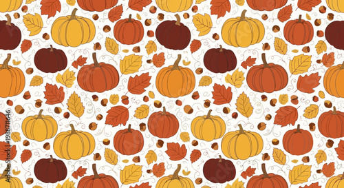 Seamless Pattern of Autumn Pumpkins and Leaves, Fall Harvest Season, Thanksgiving Holiday