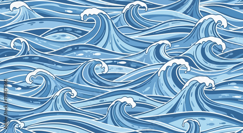 Seamless Pattern of Blue Ocean Waves with White Foam, Stylized Illustration