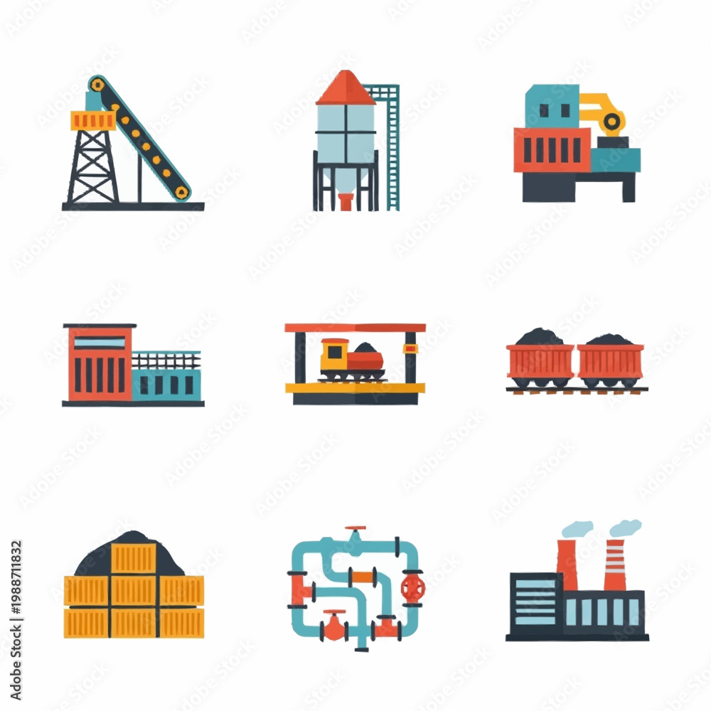 Fototapeta premium Industrial Icons Set Representing Various Industries and Processes.