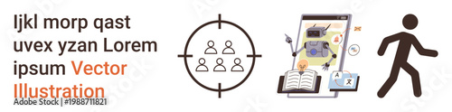 Education technology, virtual learning, target marketing, AI interaction, user engagement, digital tools. a target, robotics a book and walking figure. Education technology and virtual learning