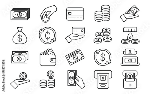 Money and finance line icons set with wallet, ATM, cash bundle, hand holding coin, editable stroke, 48x48 pixel perfect vector illustration for UI and business design