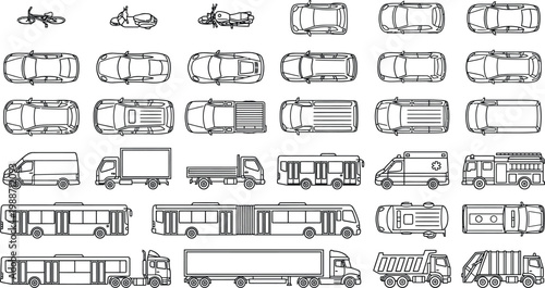 Vehicles outline vector mega set in thin line style. Monochrome transport icons in top and side view including cars, trucks, buses and service vehicles for CAD urban planning and city design