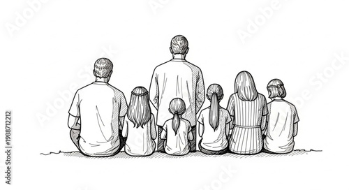 Family Sitting Together Looking Forward Illustration.