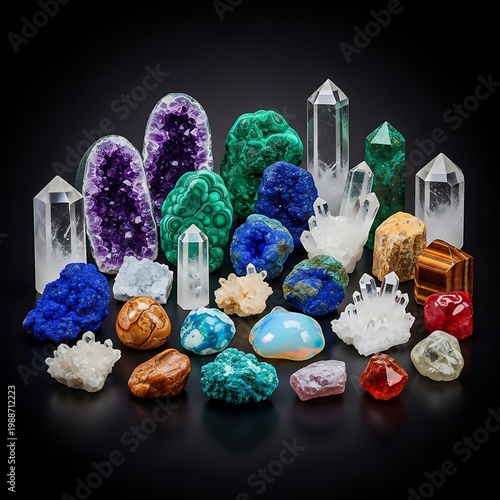 Assortment of vibrant, raw and polished natural gemstones and crystals
