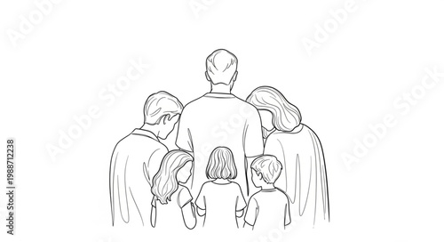 Family standing together looking forward in sketch style.