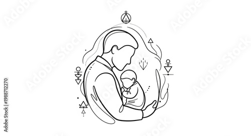 Father holding baby line art illustration sketch drawing.