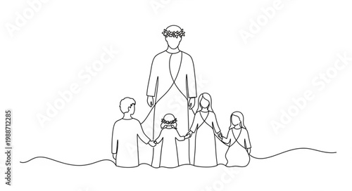 Father holding hands with his children in a line drawing.