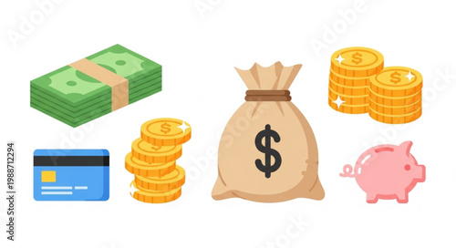 Financial assets including cash coins credit card money bag and piggy bank.