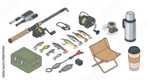 Fishing equipment set with rod reel lures and tackle box for angling hobby.