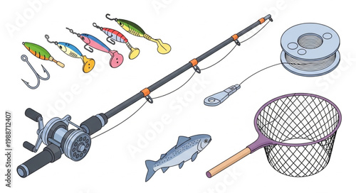 Fishing equipment set with rod reel lures hooks net fish.