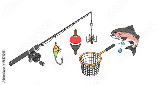 Fishing equipment set with rod reel lures net and fish illustration.